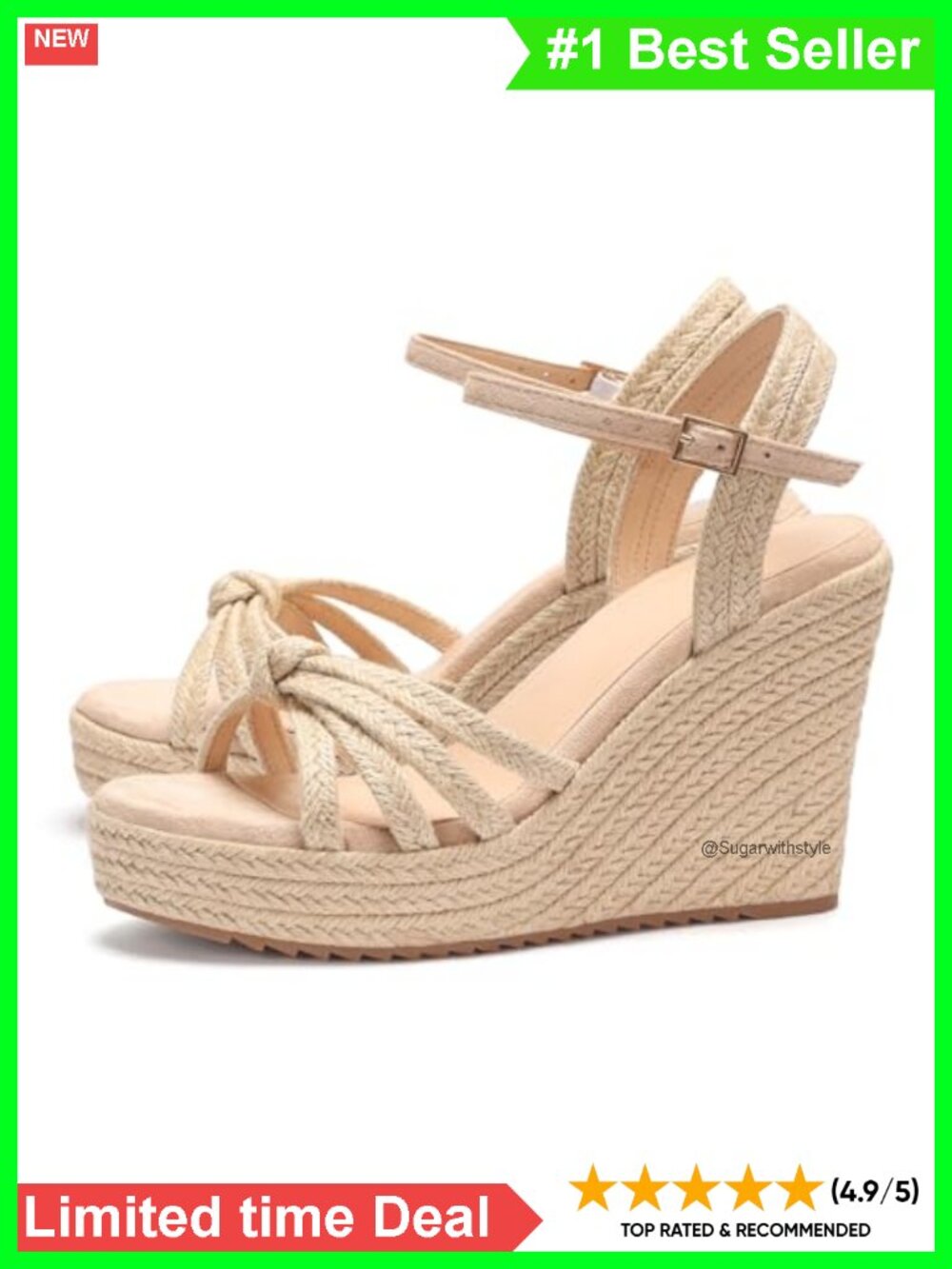 Natural Raffia Espadrille Wedge Sandals Open Toe Ankle Strap Women's Summer